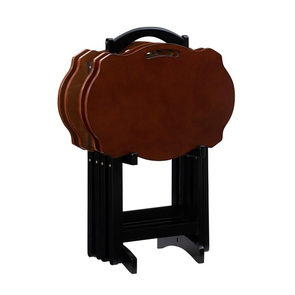 Traditional Five Piece Wood Tray Table Set in Hazelnut and Black, TV Tray, for Bar and Game Room