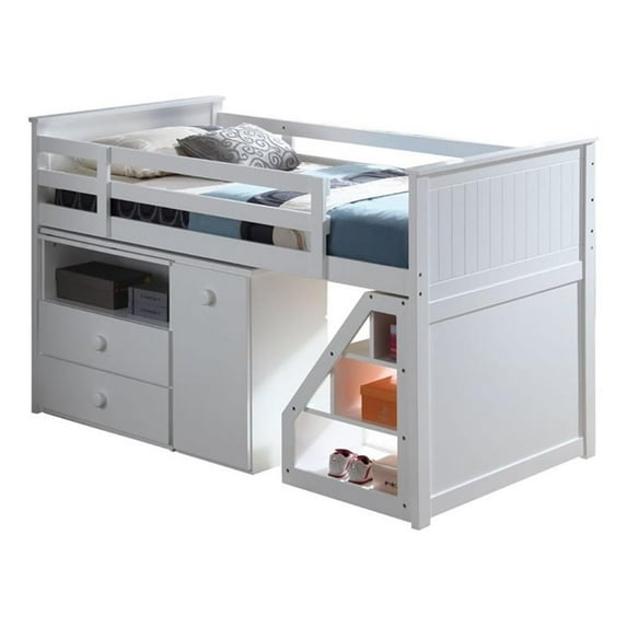 Pemberly Row Twin Size Loft Bed with Storage Ladder, Chest, Swivel Desk in White