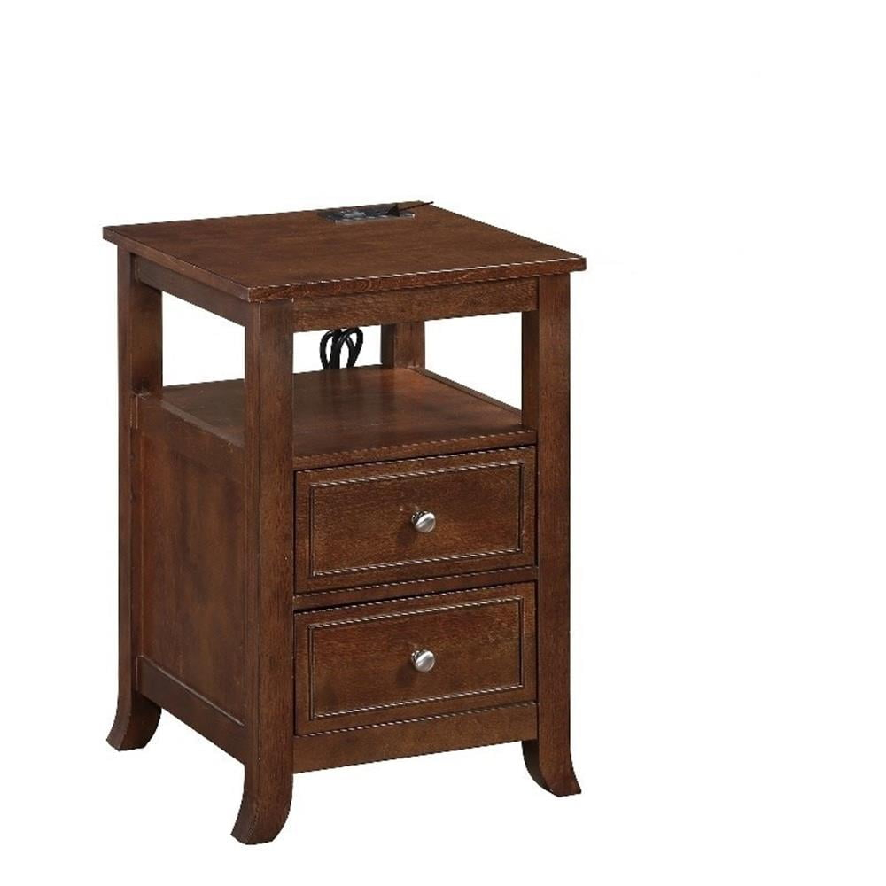 Pemberly Row Two-Drawer End Table with Charging Station & Shelf in Espresso Wood