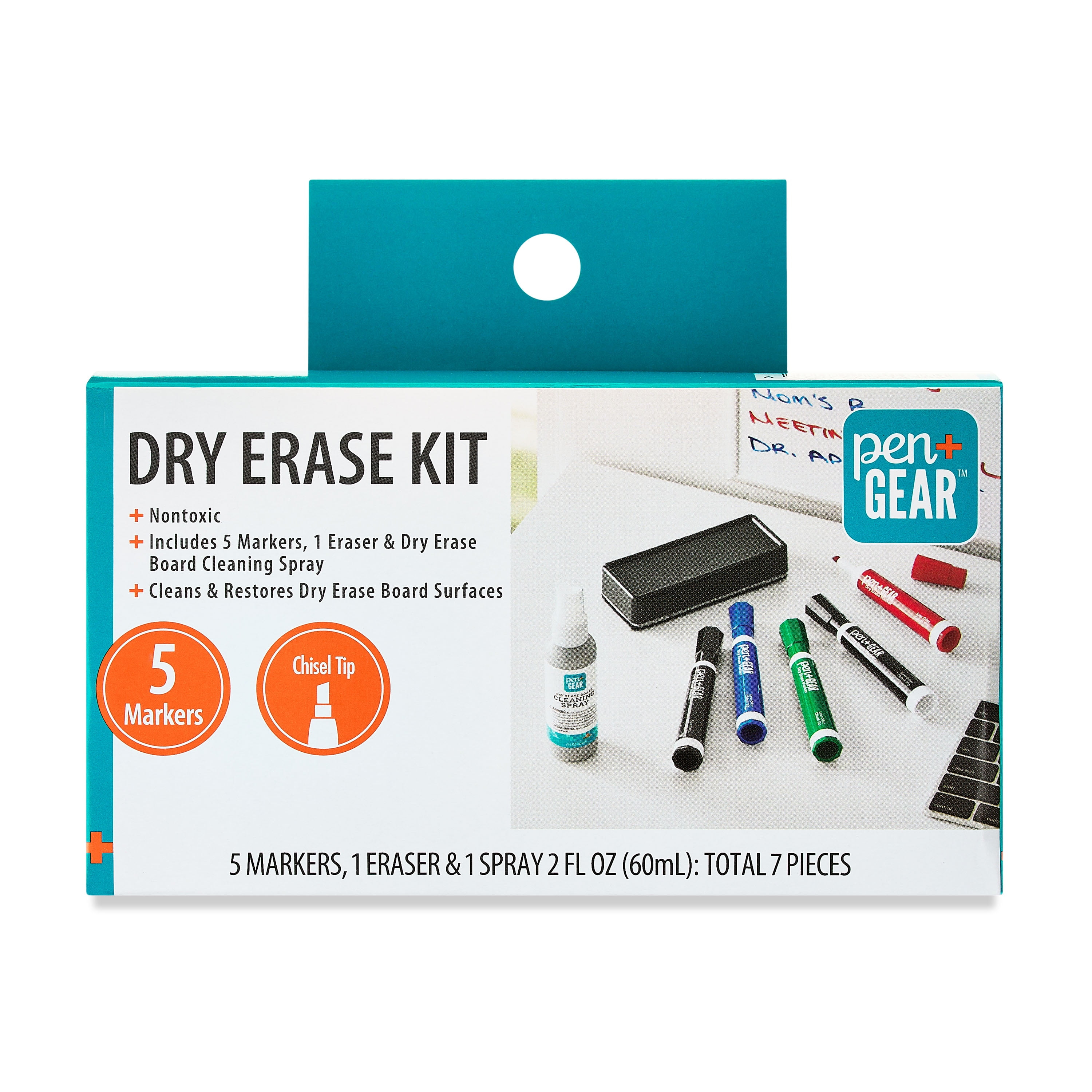 Pen+Gear Dry Erase Marker Kit, 7 Pieces, Includes Chisel Tip Assorted Ink Colors, Cleaner and Eraser