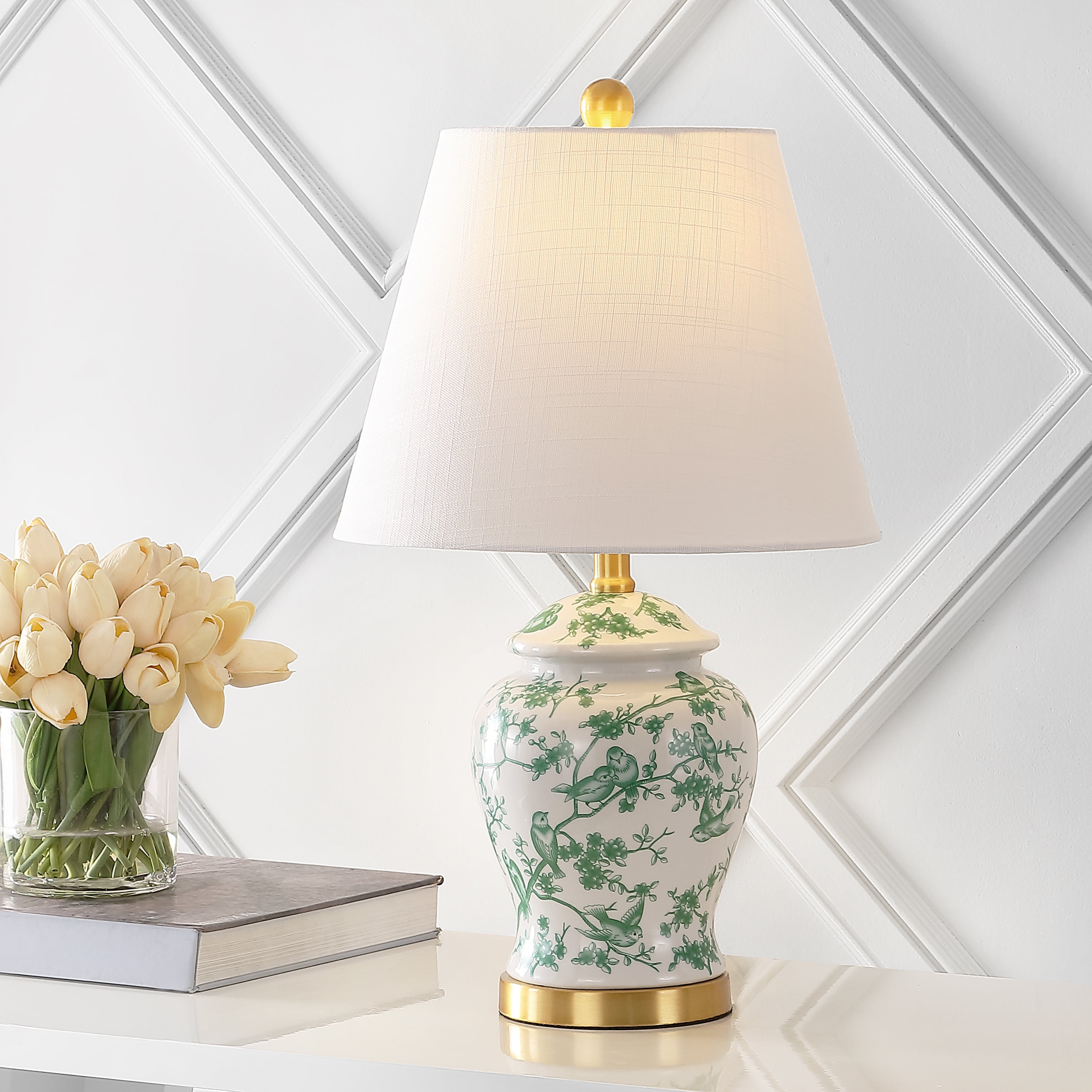 JONATHAN Y JYL3005B Penelope 22" French Country Cottage Ceramic/Iron Chinoiserie Ginger Jar LED Table Lamp, Classic for living room, dinning room, bedroom Bulb Included, White/Green