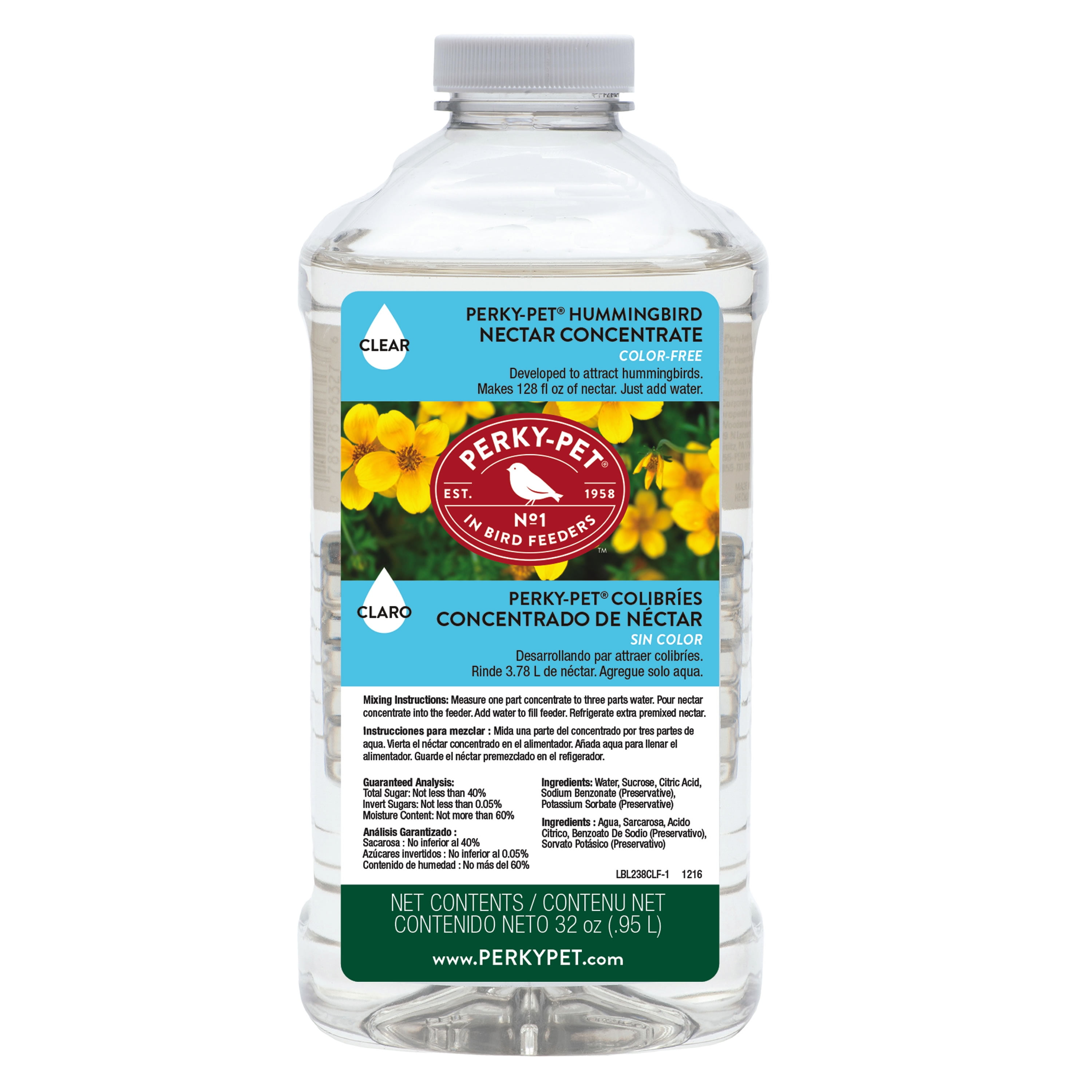 Perky-Pet Hummingbird Nectar Concentrate for Hummingbird Feeder - 32 oz - Makes 96 FL OZ of Food Nectar - 238CL