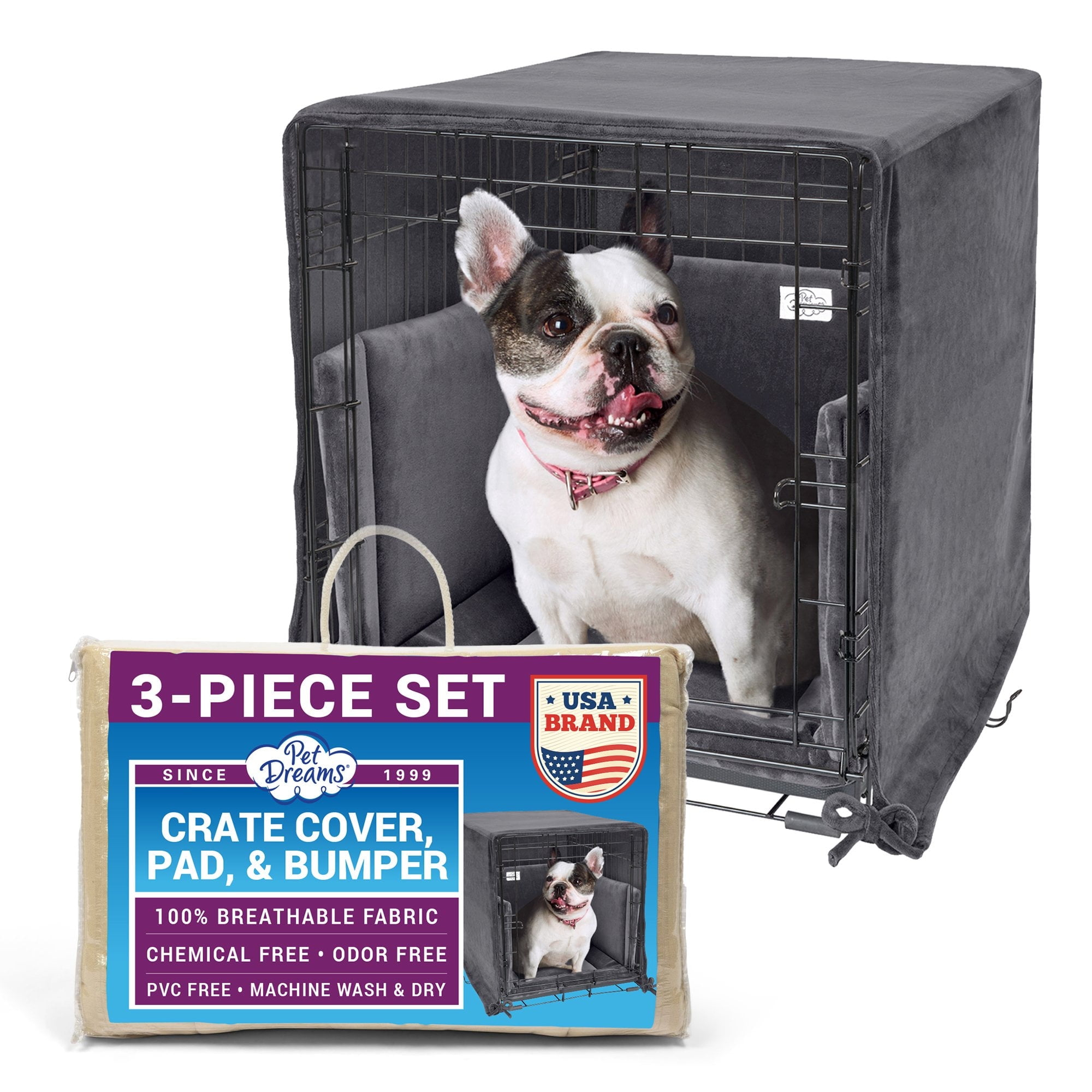 Pet Dreams 3-Piece Set Includes Dog Crate Cover, Dog Mat & Bumper Pad- Washable Kennel Bedding fits iCrate Dog Cages 24, 30, 36, 42 Inch Grey, Small, 24"