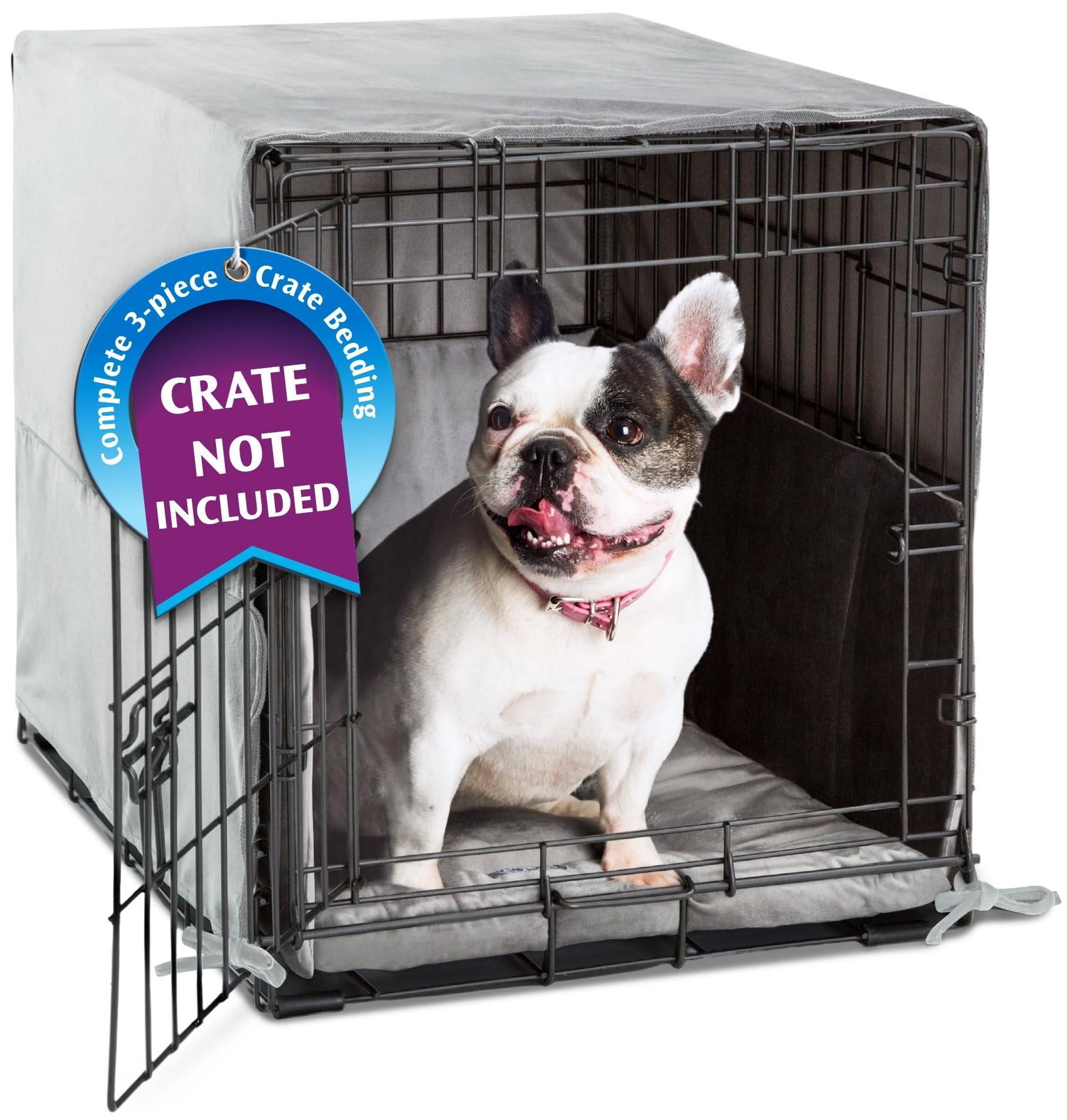 Pet Dreams 3-Piece Set Includes Dog Crate Cover, Dog Mat & Bumper Pad- Washable Kennel Bedding fits iCrate Dog Cages 24, 30, 36, 42 Inch Grey, Small, 24"