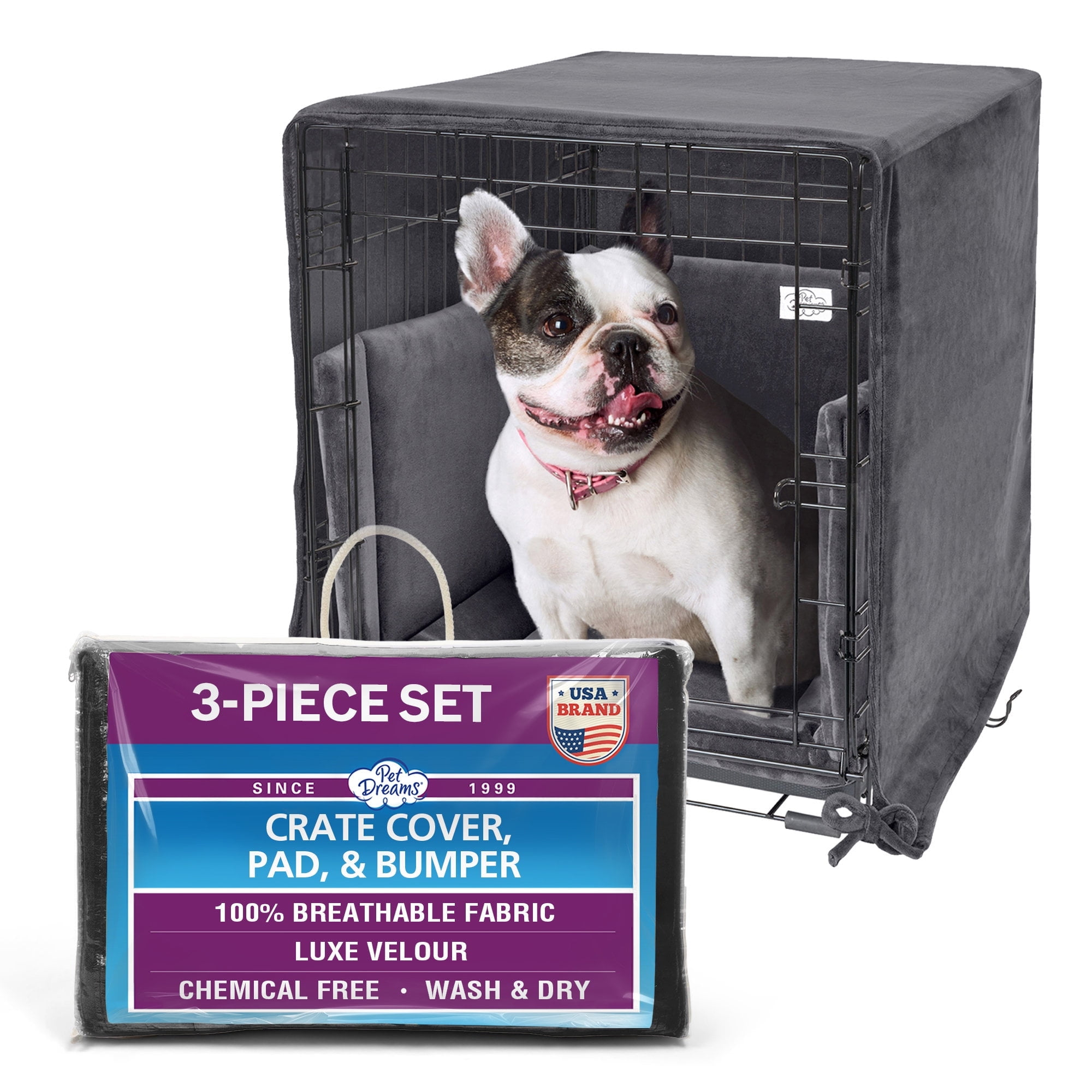Pet Dreams 3-Piece Set Includes Dog Crate Cover, Dog Mat & Bumper Pad- Washable Kennel Bedding fits iCrate Dog Cages 24, 30, 36, 42 Inch Grey, Small, 24"
