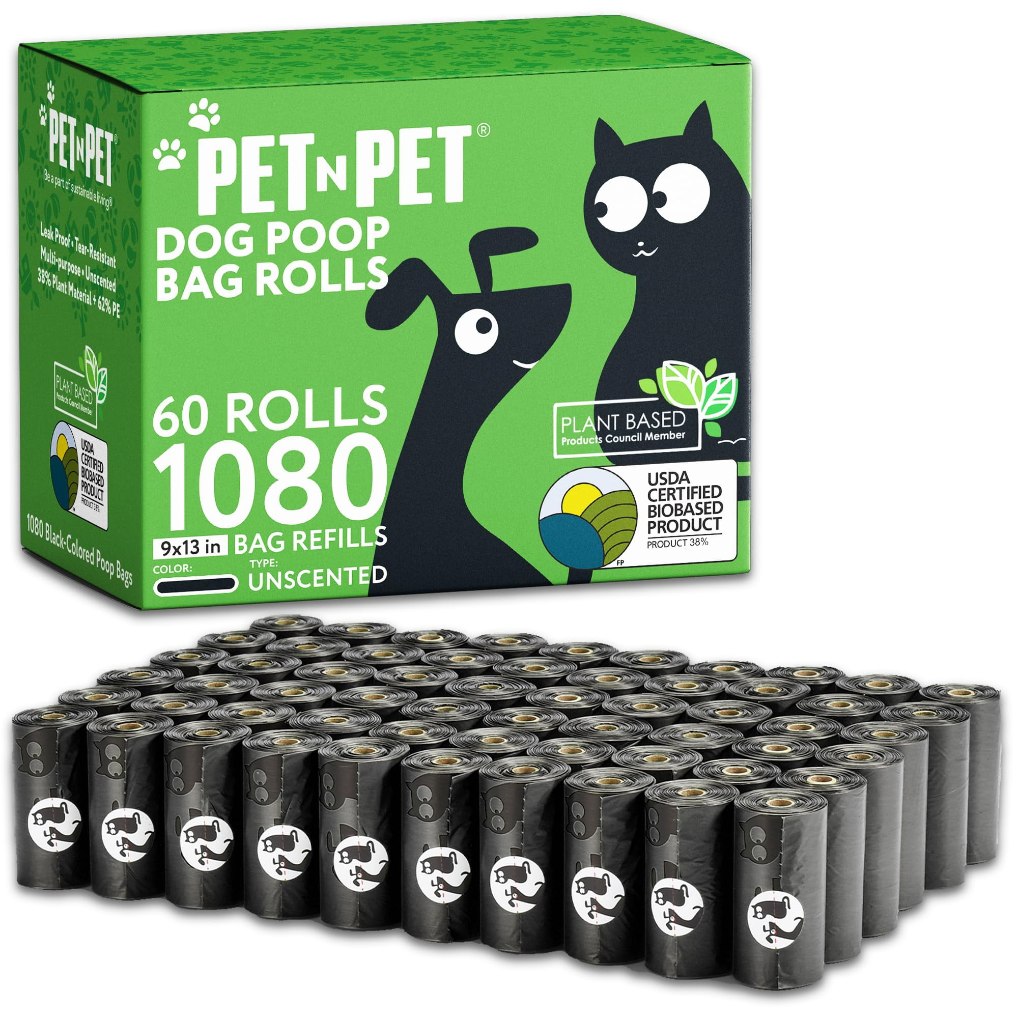 Pet N Pet 1080 Counts Black Poop Bags for Dogs, 38% Plant Based & 62% PE Extra Thick Dog Poop Bags Rolls, 9" x 13", Unscented Pet Waste Bag
