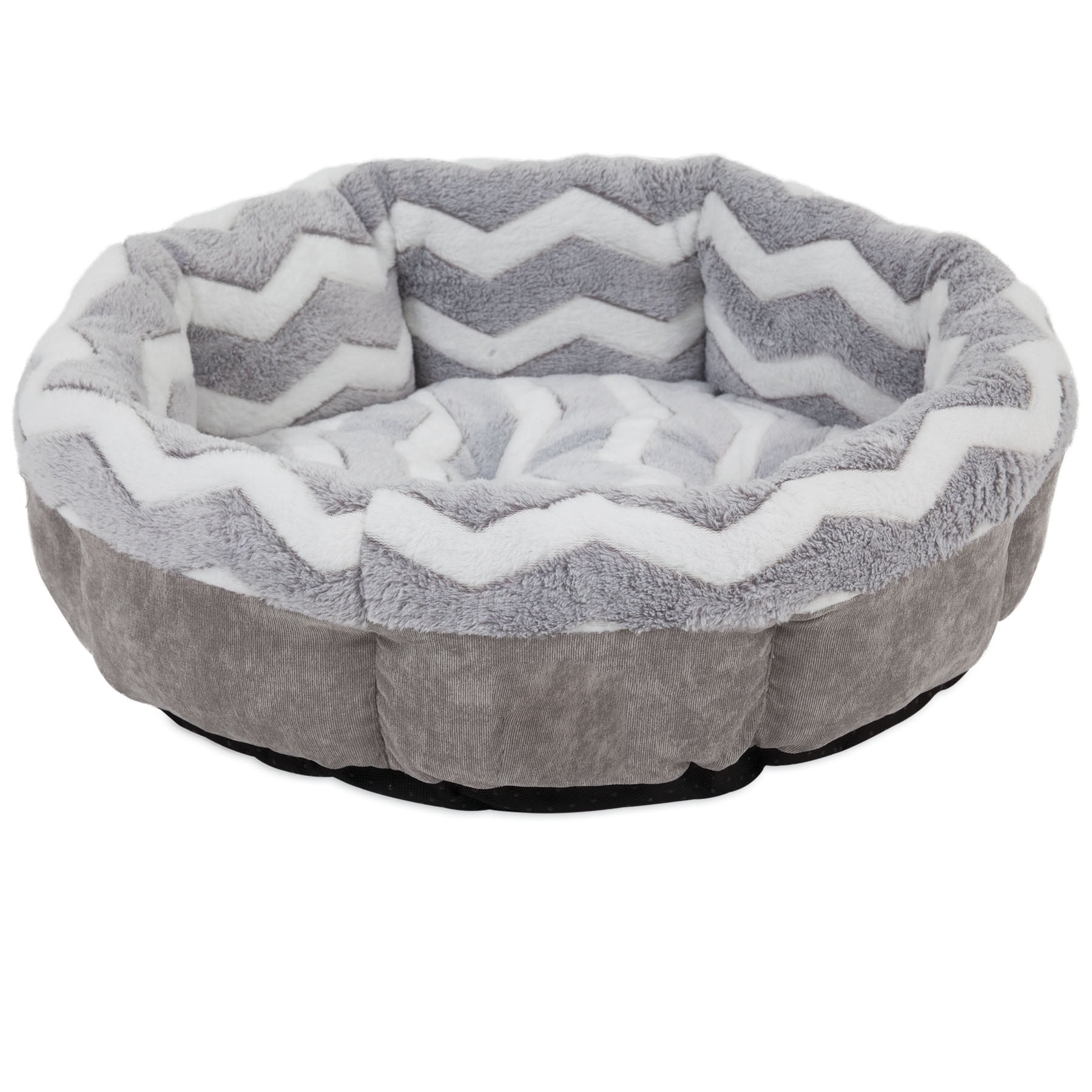 Petmate Round Shearling Bolster Dog Bed, 21'' For Small Dogs & Cats, Zig Zag Gray and White