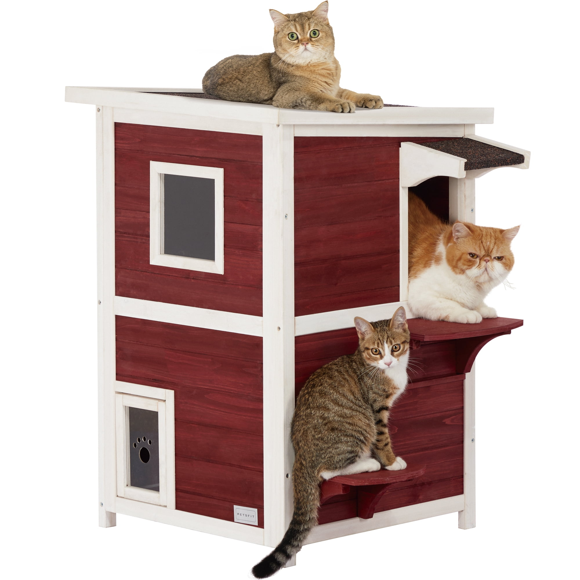 Petsfit 2-Story Weatherproof Outdoor Kitty Cat House/Condo/Shelter with Escape Door Red