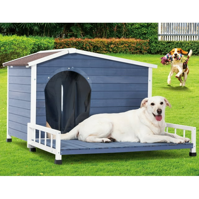 Petsfit Large Dog House with Terrace & Openable Asphalt Roof, 45" L x 54" W x33 H, XL Dog House Outdoor with Elevated Floor, Window & Door Flap, Outdoor Dog House for Large Dogs