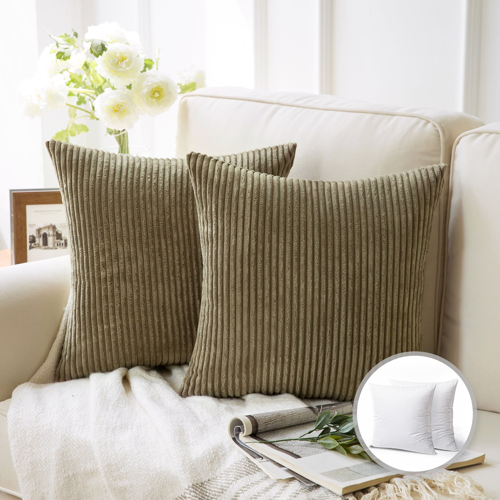Phantoscope 18" x 18" Modern, Contemporary, Transitional Olive Green Striped Polyester Throw Pillow , ( 2 Count)
