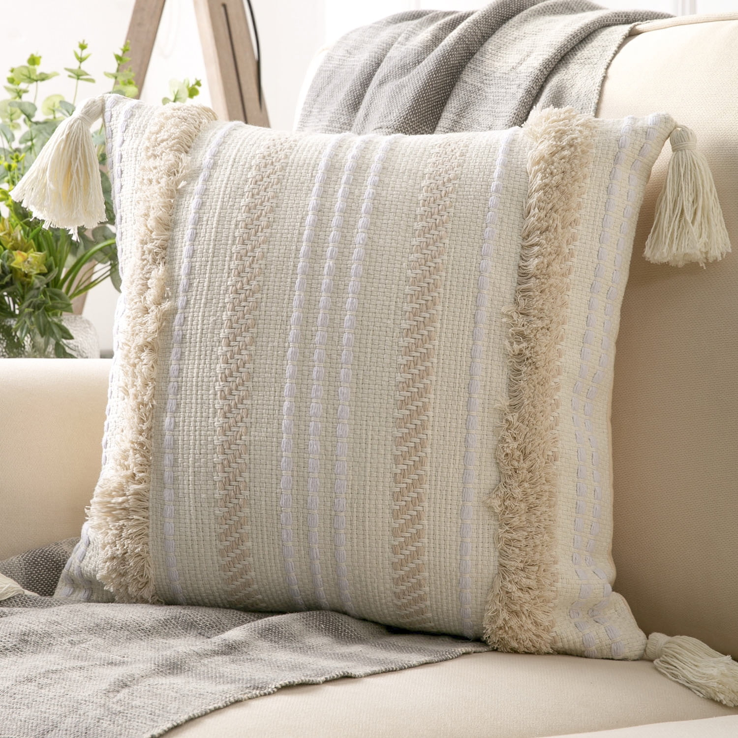 Phantoscope Boho Woven Tufted with Tassel Series Decorative Throw Pillow Cover, 18" x 18", Cream White Stripe, 1 Pack