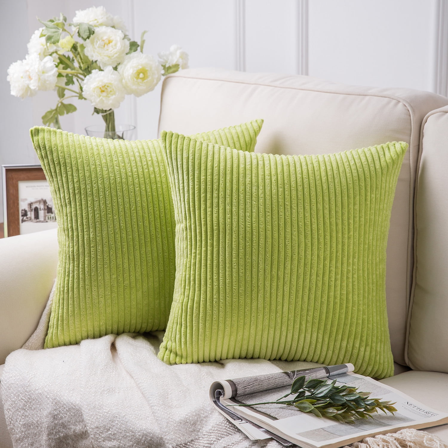 YUYNINP Set of 2 Farmhouse Throw Pillow Covers 20 x 20 Inch,Square Striped Decorative Pillow Cases for Couch Sofa Chair Bedroom Modern Decor (Green1)