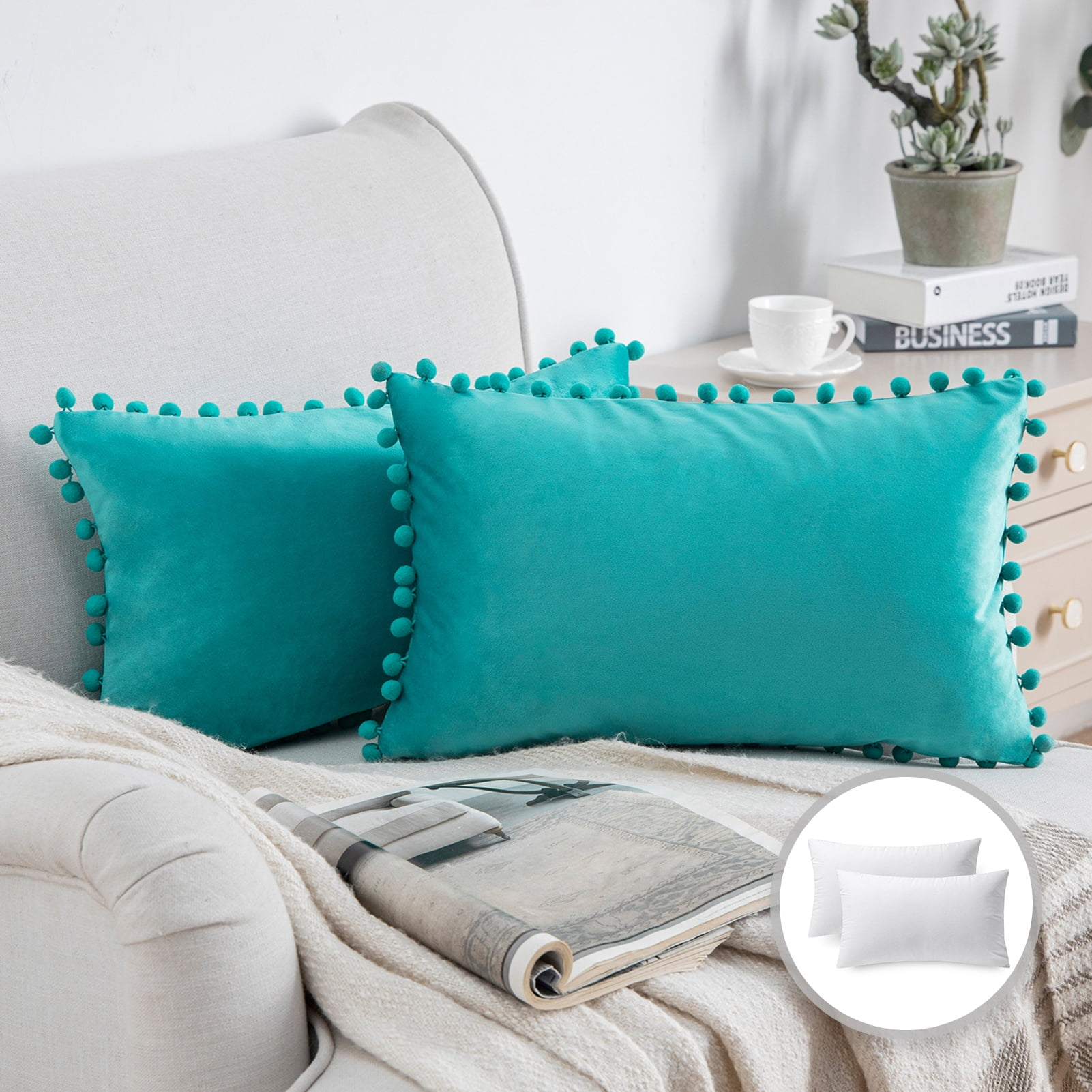 Turquoise Velvet Pom Pom Decorative Throw Pillow Set, 12" x 20"