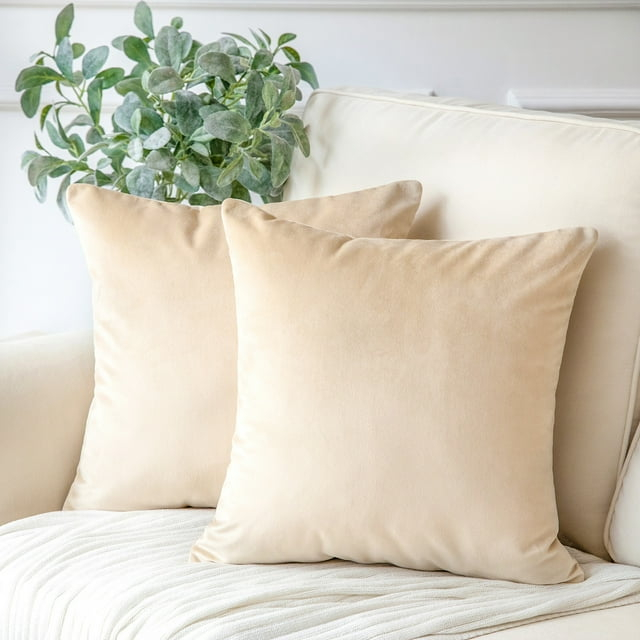 Toptie Set of 2 Velvet Pillow Covers 18" x 18", Throw Cushion Case for Sofa Bedroom (Beige)