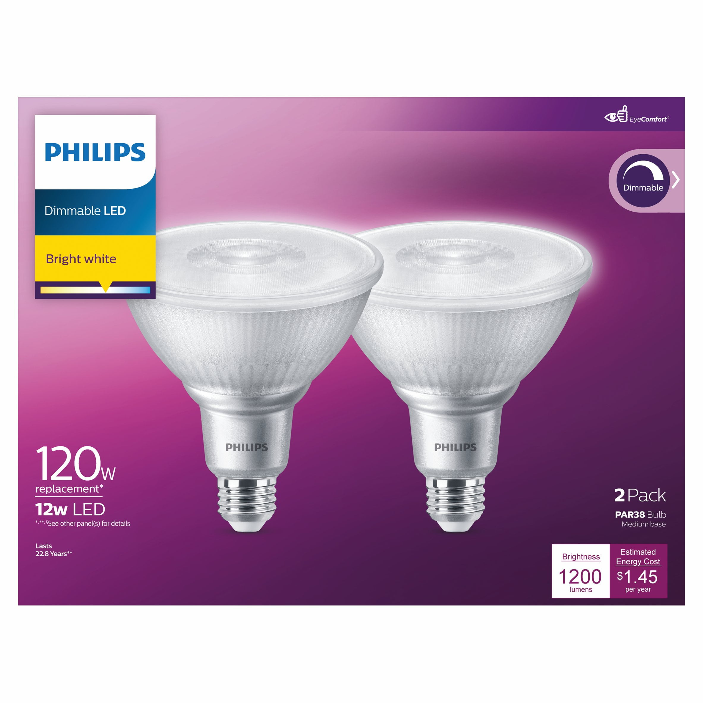 Philips LED 120-Watt PAR38 In/Outdoor Flood Light Bulb, Bright White, Dimmable, 40° Beam Spread, E26 Medium Base (2-Pack)