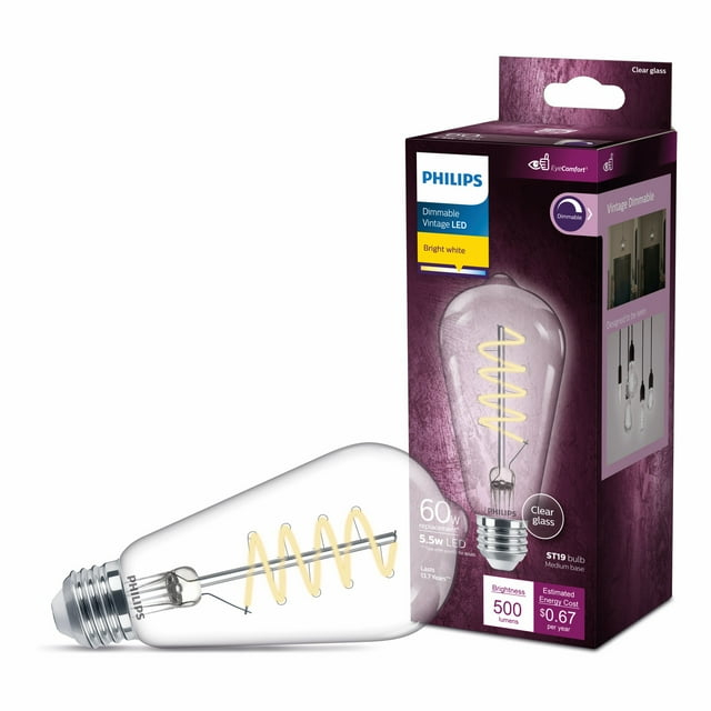 Philips LED 60-Watt ST19 Straight Tubular Filament Lightbulb, Clear Bright White, Dimmable, E26 Medium Base (1-Pack):
