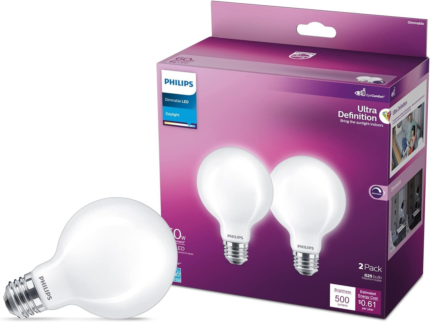 Philips LED Frosted G25 Ultra Definition Light Bulb, Dimmable, EyeComfort Technology, 500 Lumen, Daylight 5000K, 5W=60W, E26 Base, Title 20 Certified, 575217 2-Pack