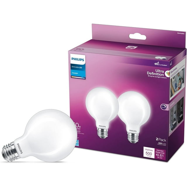 Philips LED Frosted G25 Ultra Definition Light Bulb, Dimmable, EyeComfort Technology, 500 Lumen, Daylight 5000K, 5W=60W, E26 Base, Title 20 Certified, 575217 2-Pack