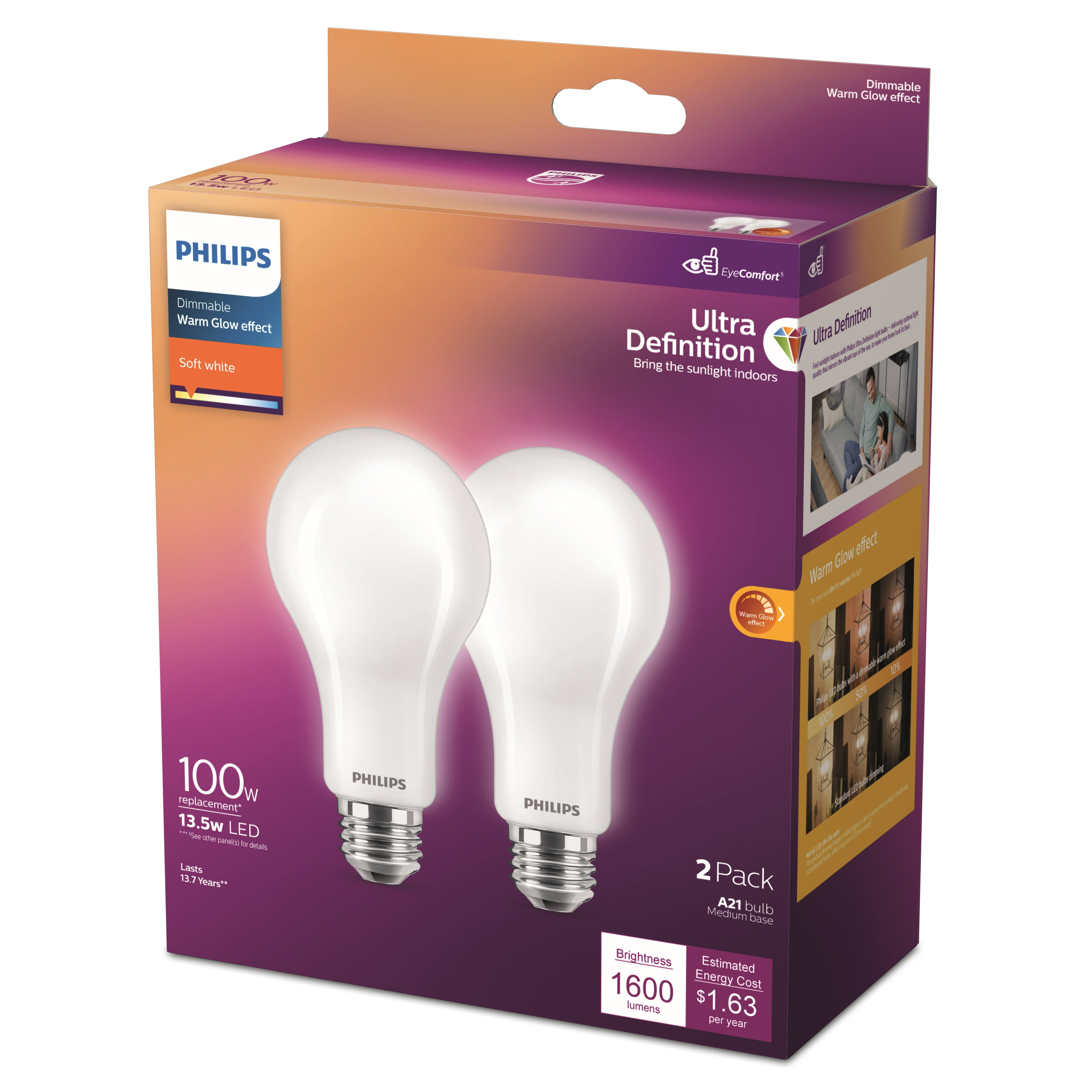 Philips Ultra Definition LED 100-Watt A21 Light Bulb, Frosted Soft White, Dimmable, E26 Medium Base (2-Pack)