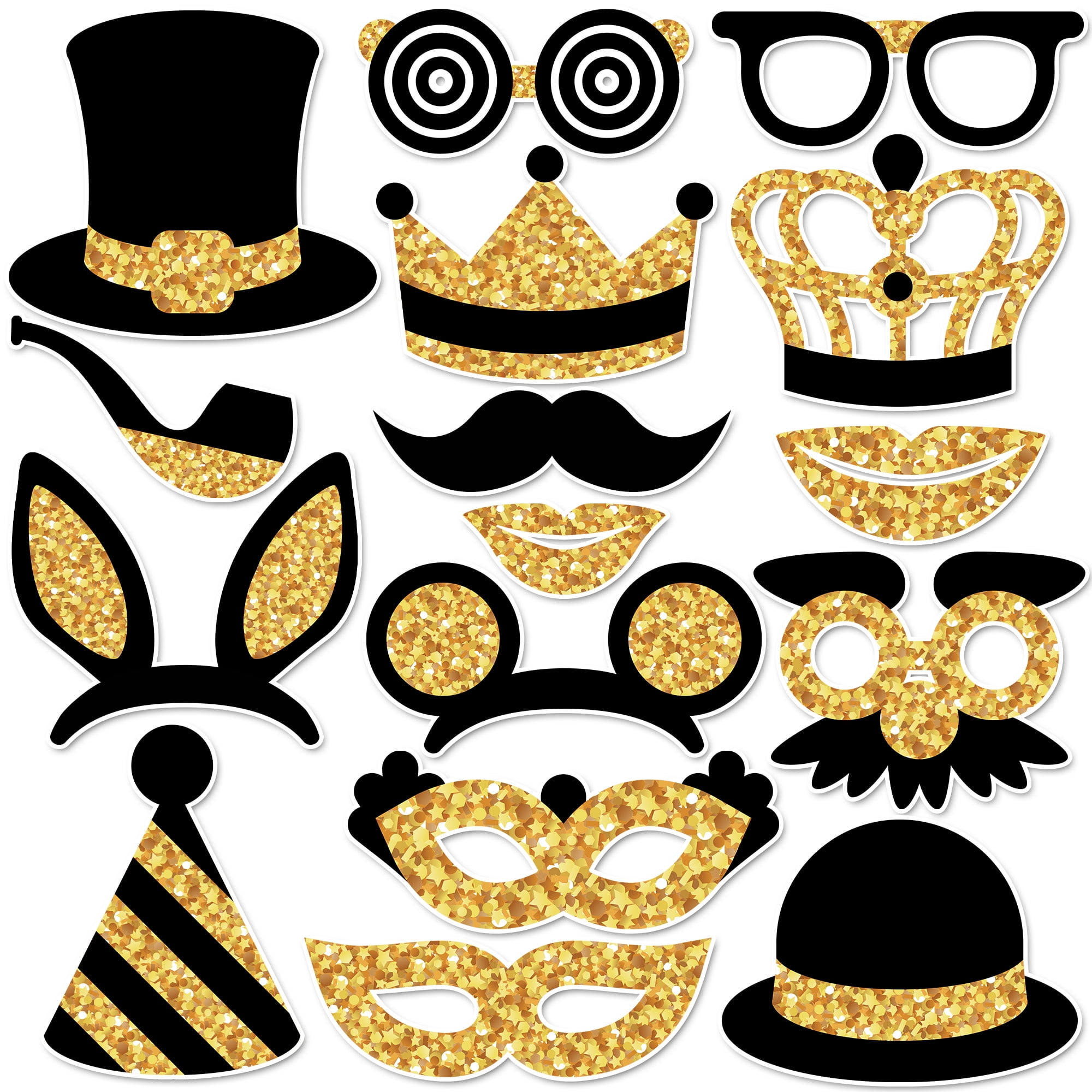 Photo Booth Props Kit, 16 Pcs Black & Gold Party Accessories by PixiPy