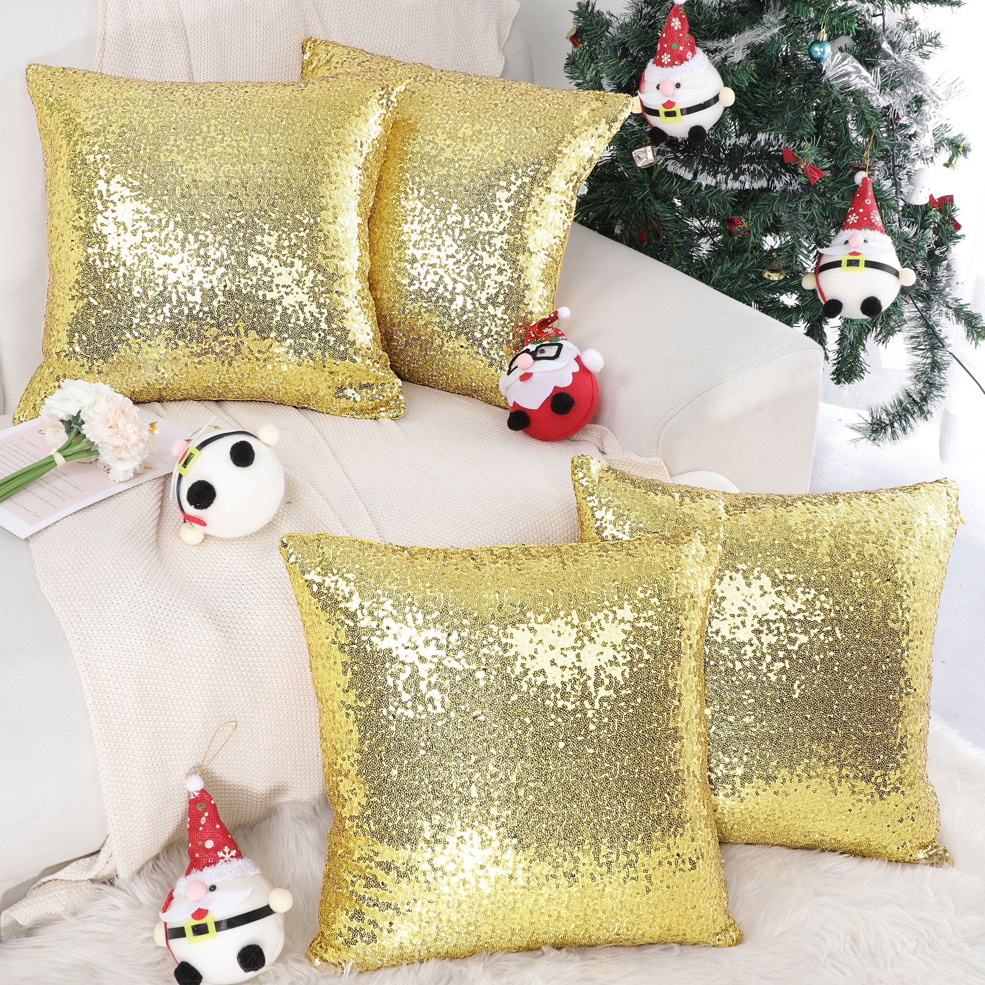 PiccoCasa 4 Pcs Sequin Throw Pillow Covers, Decorative Cushion Covers for Sofa Car Seat, 18"x18" Gold