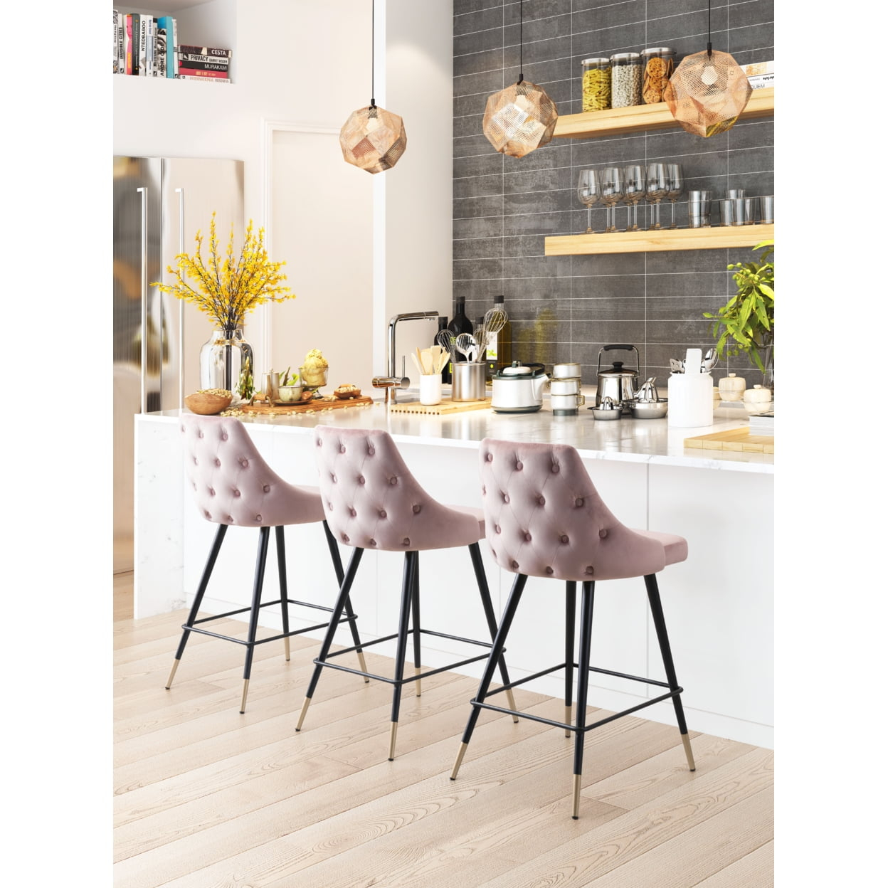 "Piccolo Counter Stool Tapered Back Button Tufting Brass Legs Kitchen Seating"