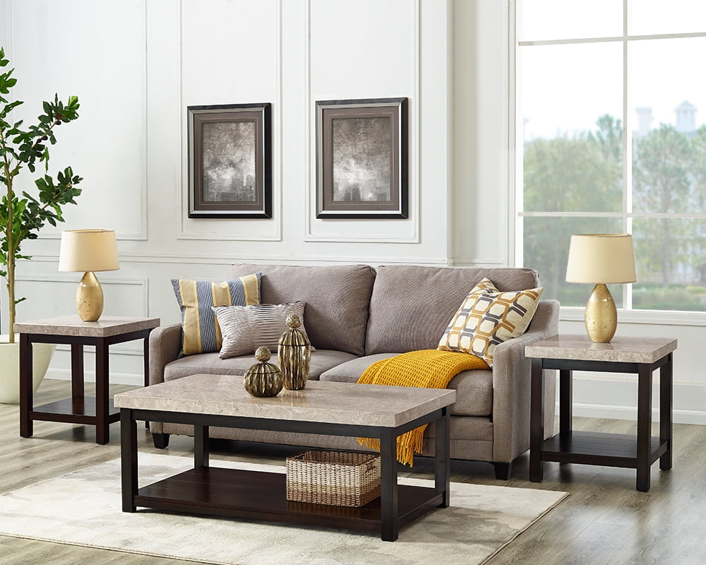 Picket House Furnishings Caleb 3 Piece Marble Top Coffee Table Set in Espresso