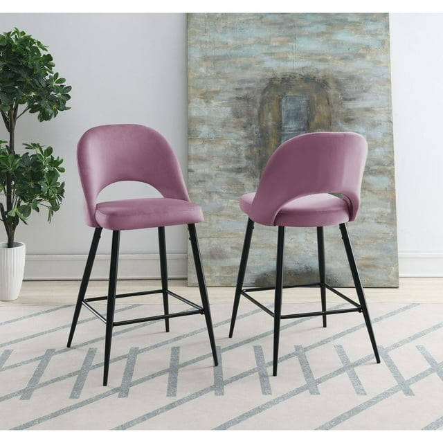 Picket House Furnishings Loran Bar Stool Set in Pink Velvet Fabric