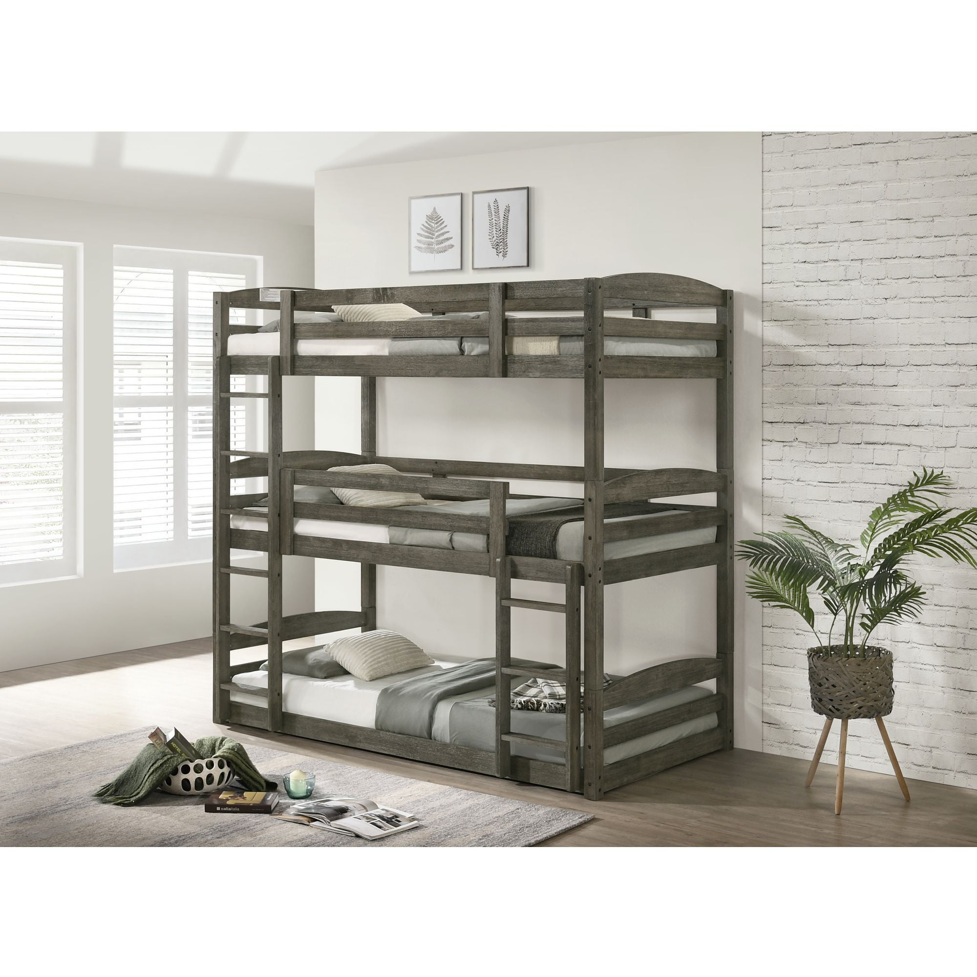 Picket House Furnishings Wyatt Wood Triple Twin Bunk in Gray Wire Brushed