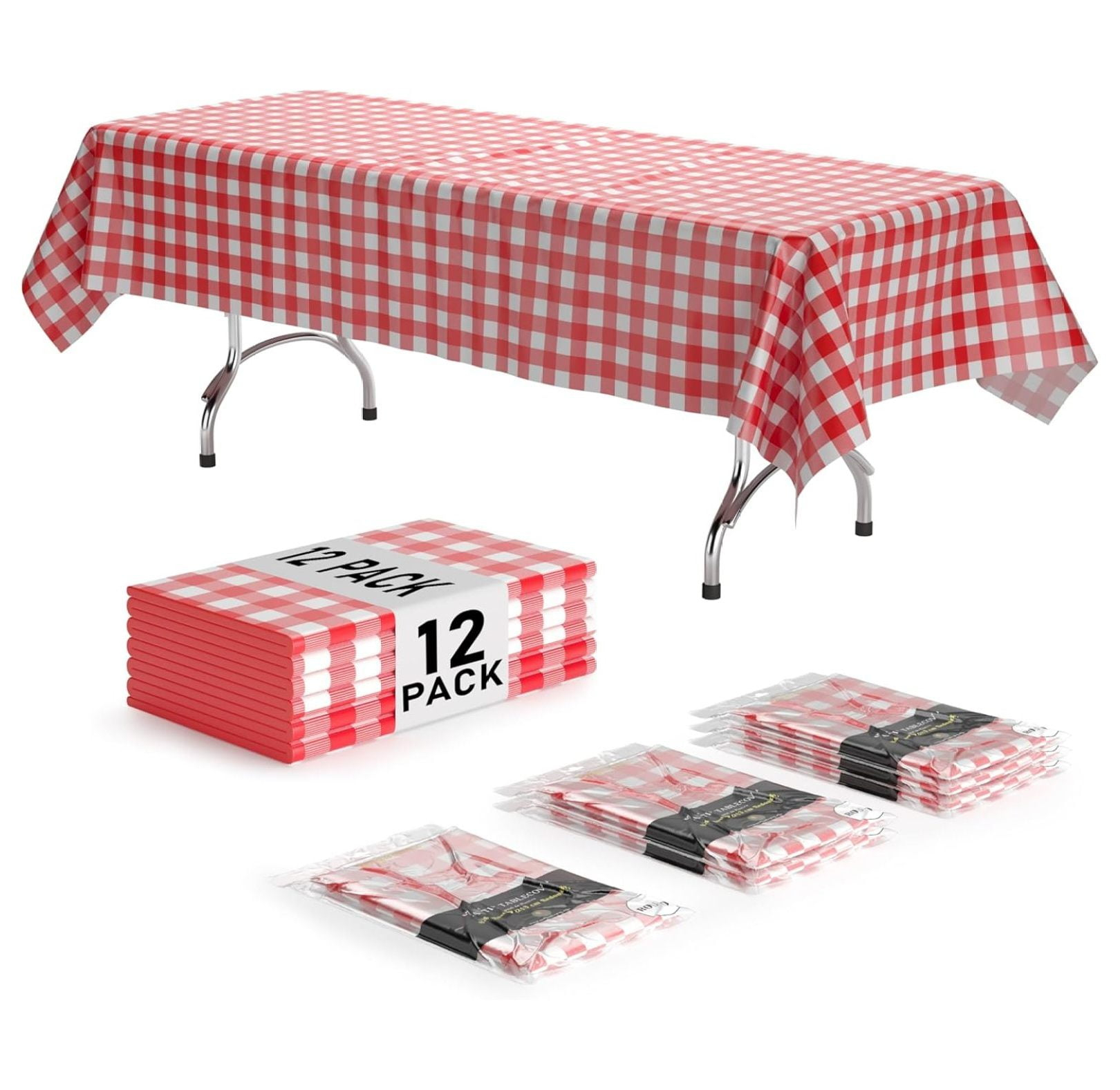 Picnic Table Cover - 12 Pack Premium Rectangle Plastic Tablecloth - Red & White Checkered BBQ Plastic Table Cover - Gingham Checkerboard Disposable Plastic Tablecloth 54" x 108" Rectangle
