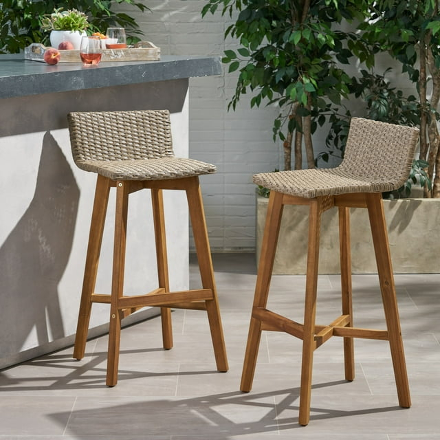 Pico Brea Outdoor Acacia Wood & Wicker Barstools, Set of 2, Light Brown and Teak