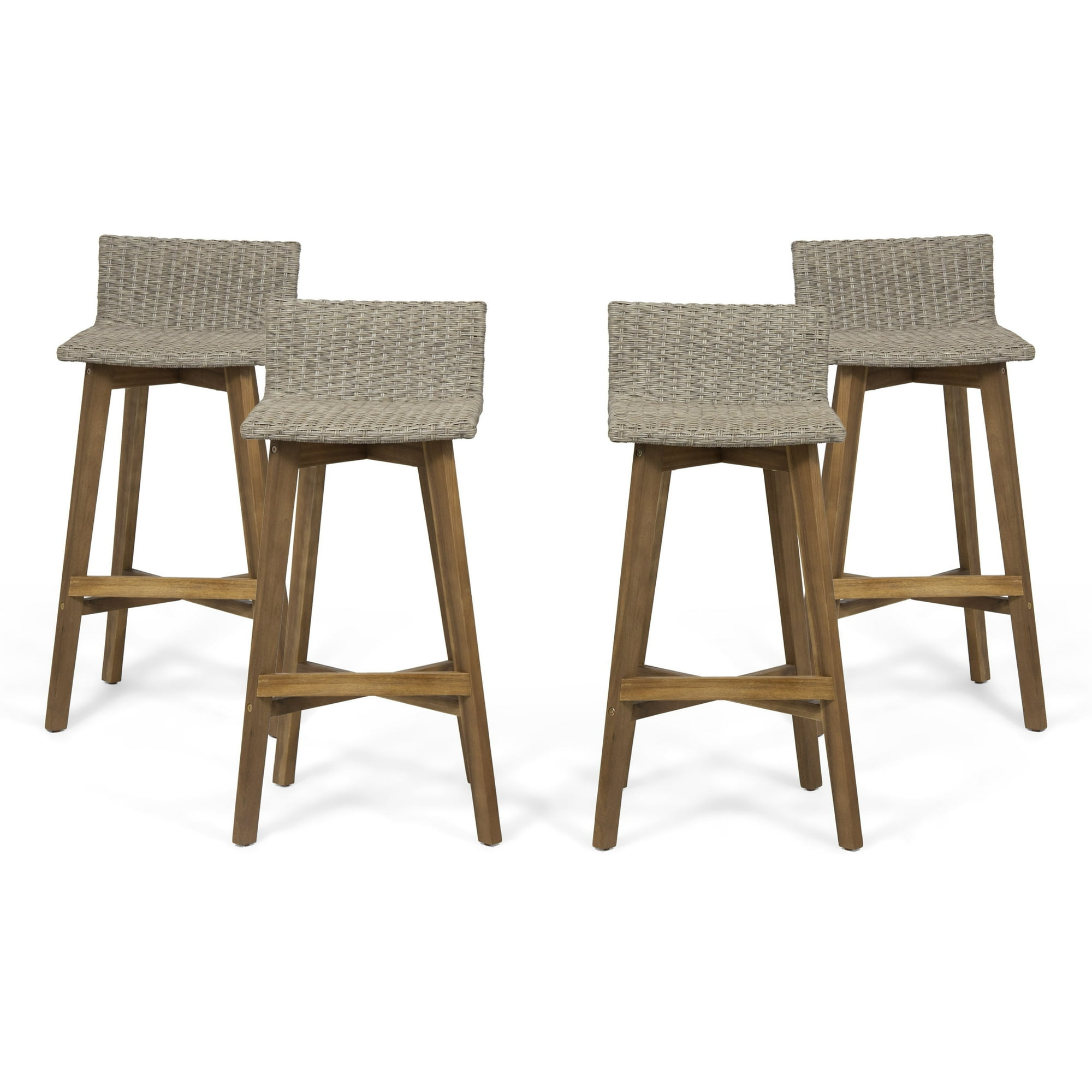 Pico Brea Outdoor Wood & Wicker Barstools, Set of 4, Light Brown and Teak