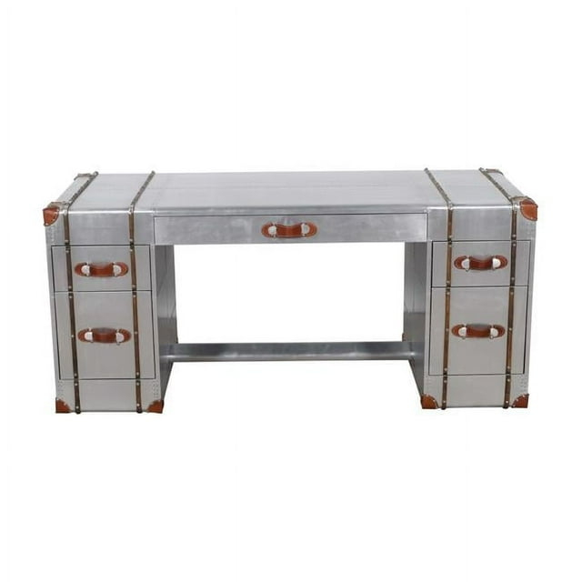 Pilot Executive Desk with Silver Aluminum Cladding and Leather Accents