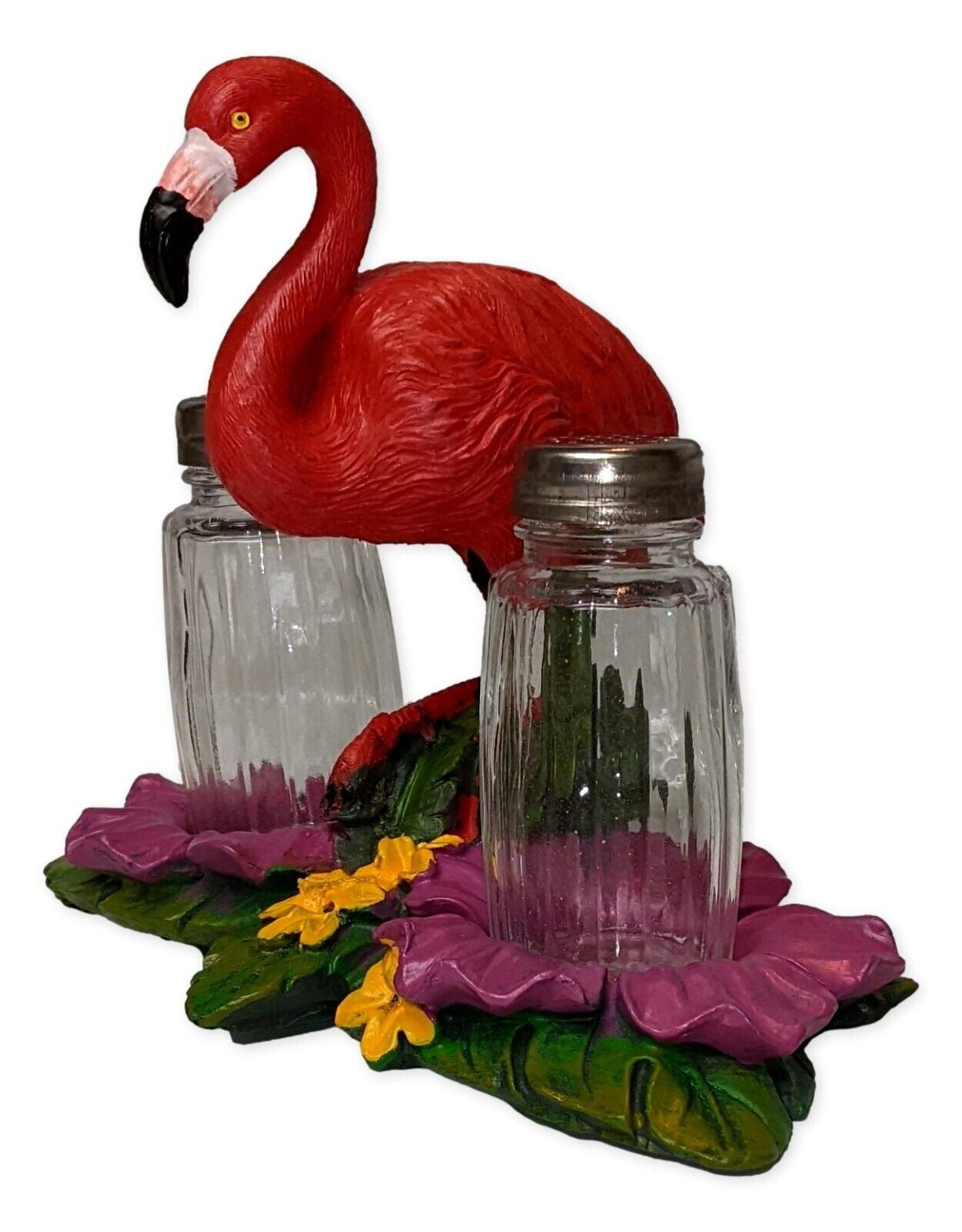 De Leon Collections Polyresin Tropical Pink Flamingo on Palms Floral Coastal Living Salt and Pepper Shaker Holder Set