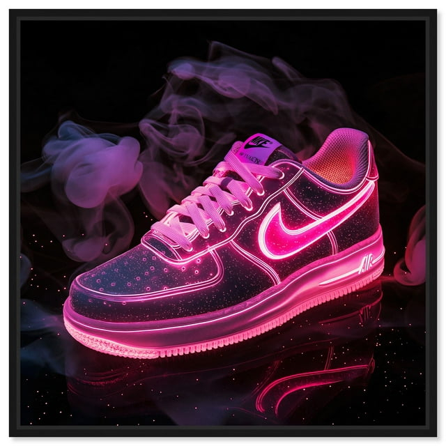 Pink Neon Nike Canvas Sneaker Art Print by Art Remedy, Black Frame, 30" x 30"