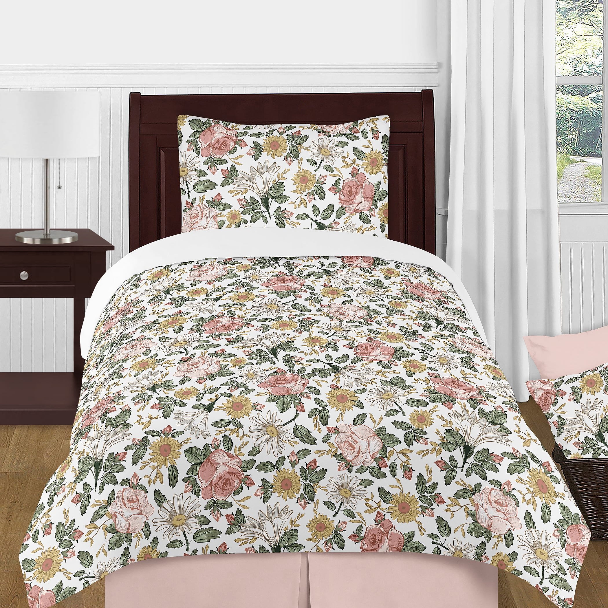 Sweet Jojo Designs Pink and Green Vintage Floral Rose Twin Bed Comforter Bedding Set