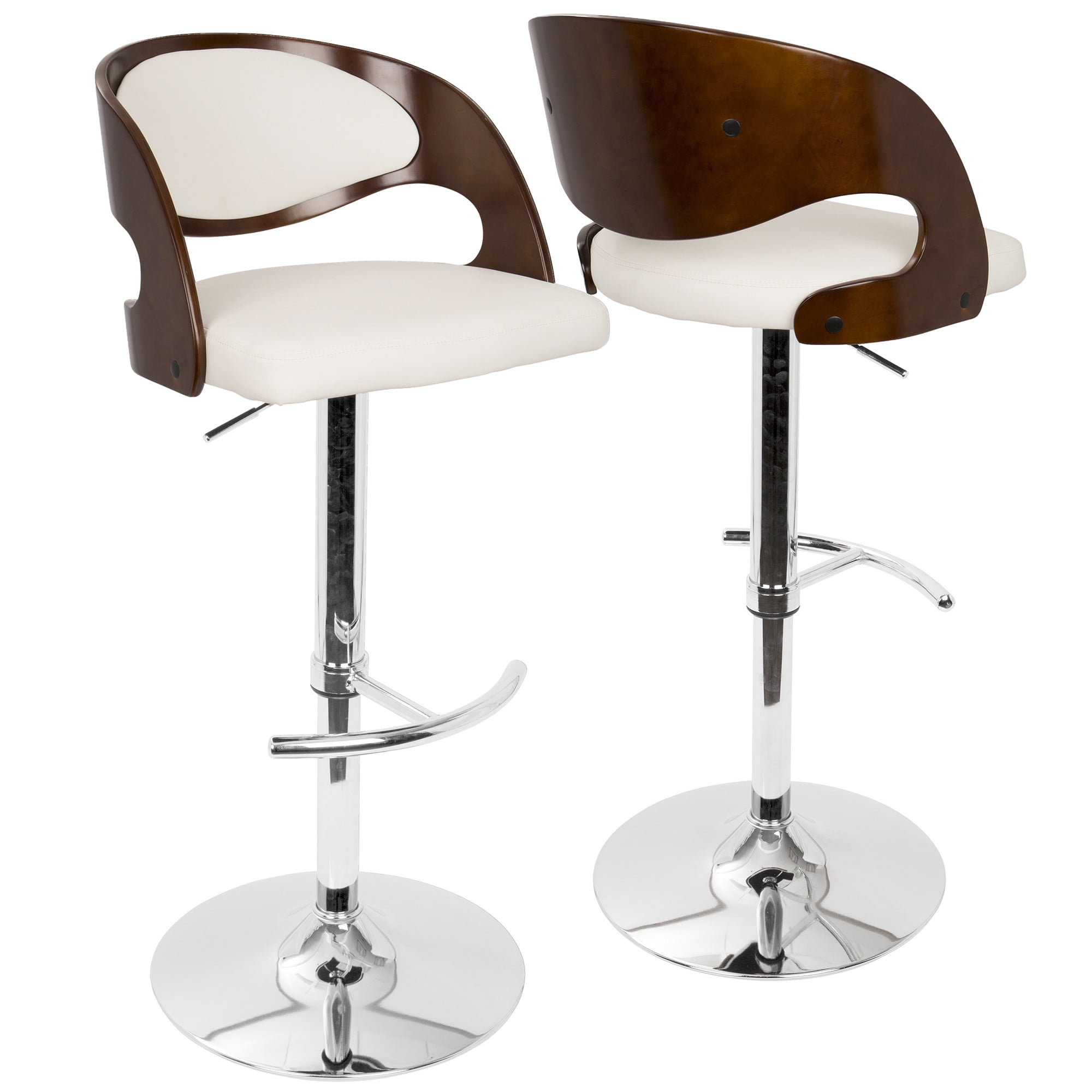 Pino Mid-Century Modern Adjustable Barstool with Swivel in Mahogany and White Faux Leather by LumiSource