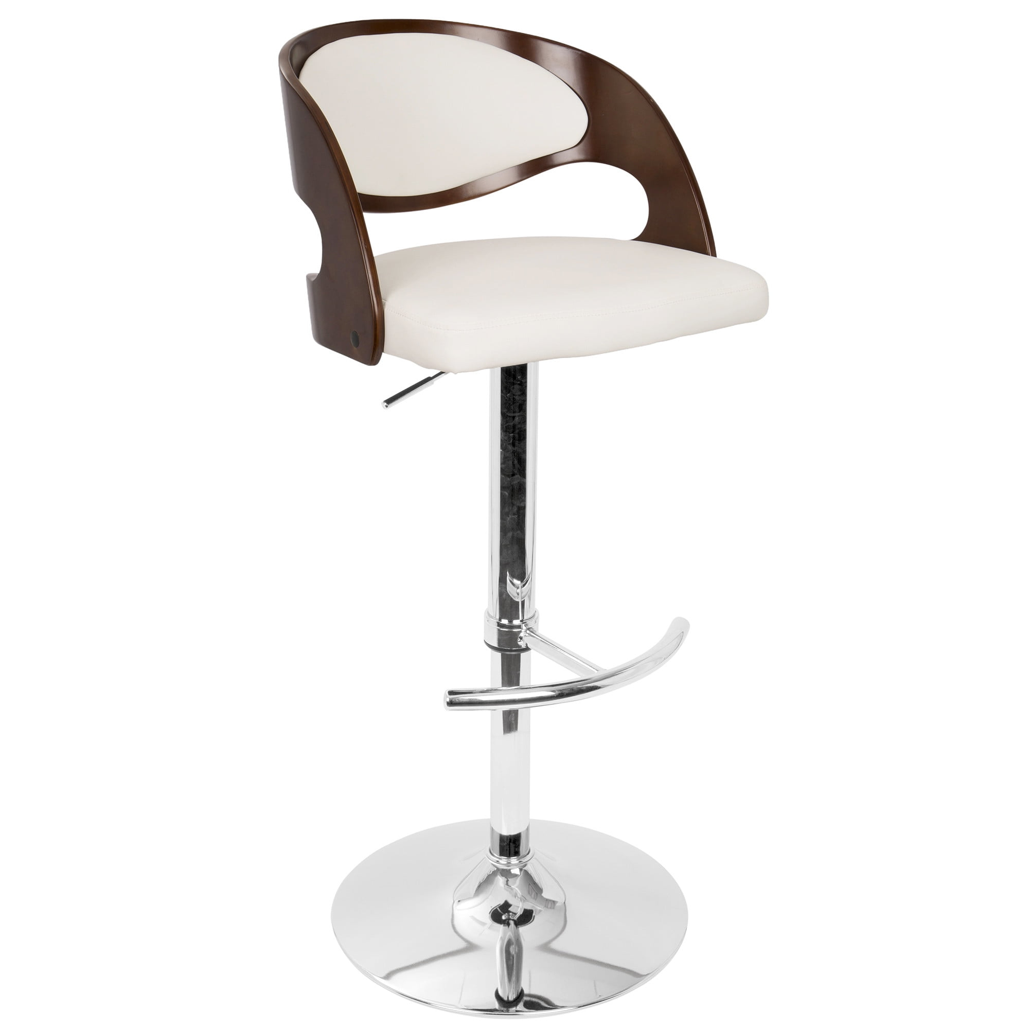 Pino Mid-Century Modern Adjustable Barstool with Swivel in Mahogany and White Faux Leather by LumiSource