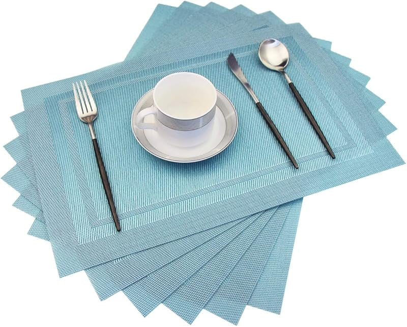 pigchcy Placemats, Heat Insulation Non Slip Plastic Placemats, Washable Easy to Clean Woven Vinyl Kitchen Stain Resistant Placemats for Dining Table Set of 6 (Sky Blue)