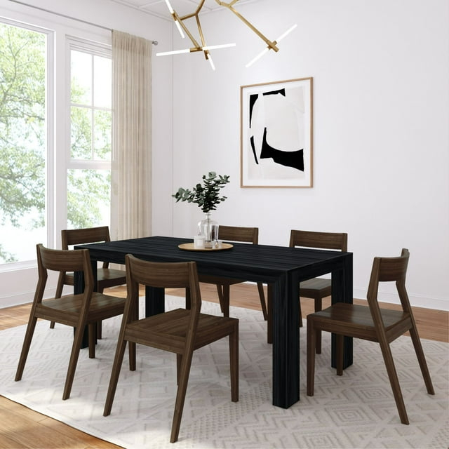 Plank+Beam 72" Modern Solid Wood Dining Table Set, Black Wirebrush, + 6 Chairs Walnut