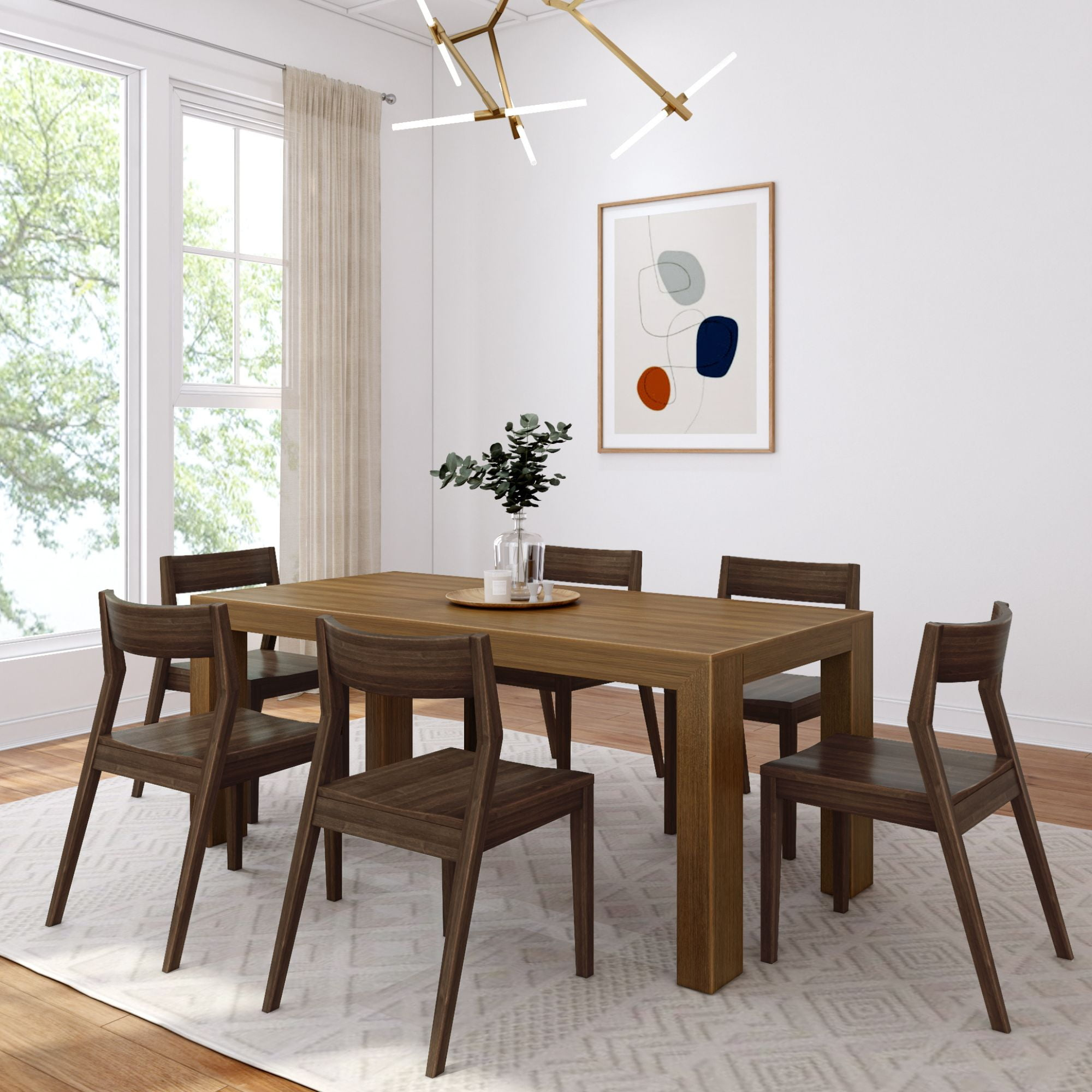 Plank+Beam 72" Modern Solid Wood Dining Table Set, Pecan Wirebrush, + 6 Chairs Walnut