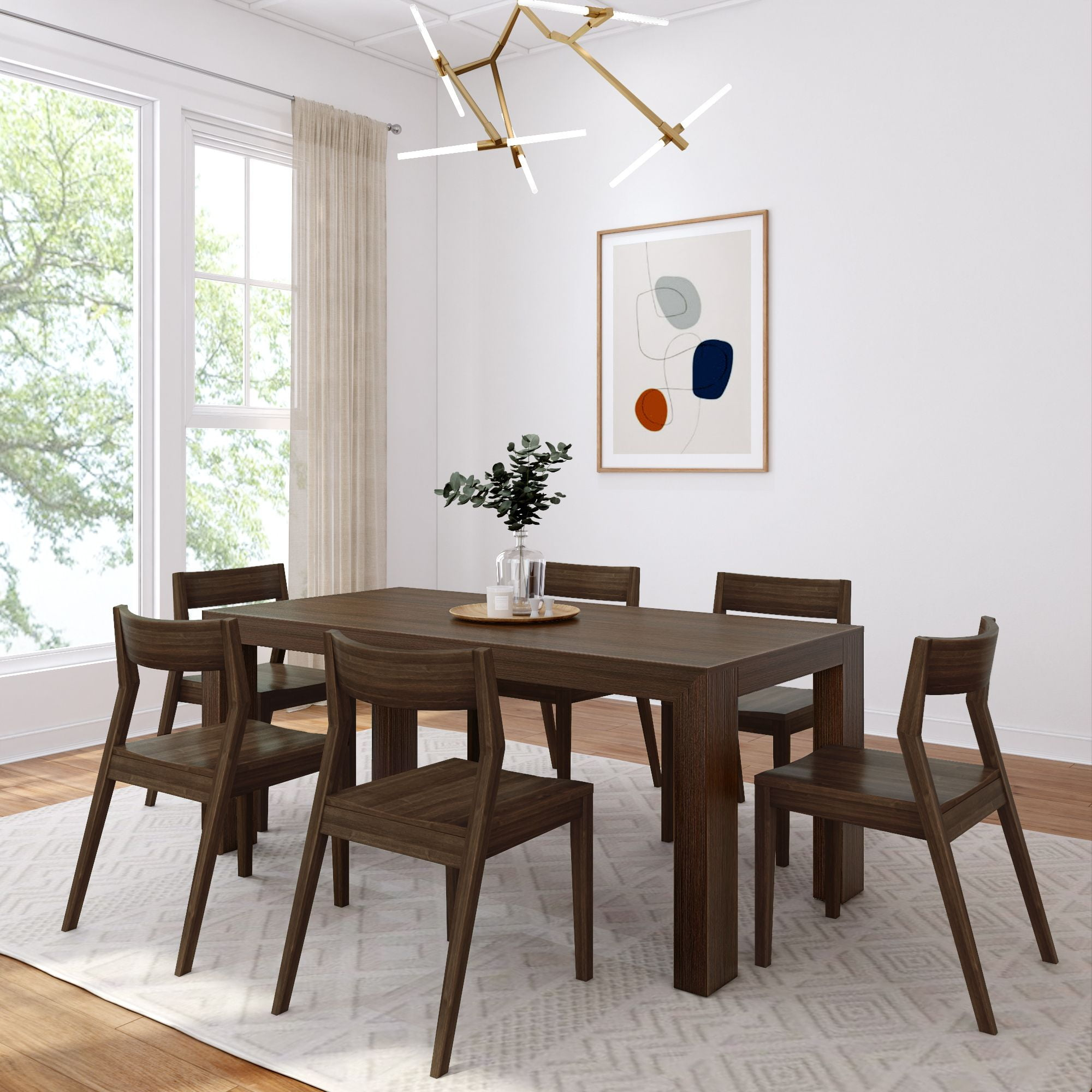 Plank+Beam 72" Modern Solid Wood Dining Table Set, Walnut Wirebrush, + 6 Chairs Walnut