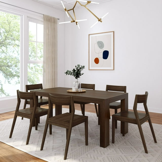 Plank+Beam 72" Modern Solid Wood Dining Table Set, Walnut Wirebrush, + 6 Chairs Walnut