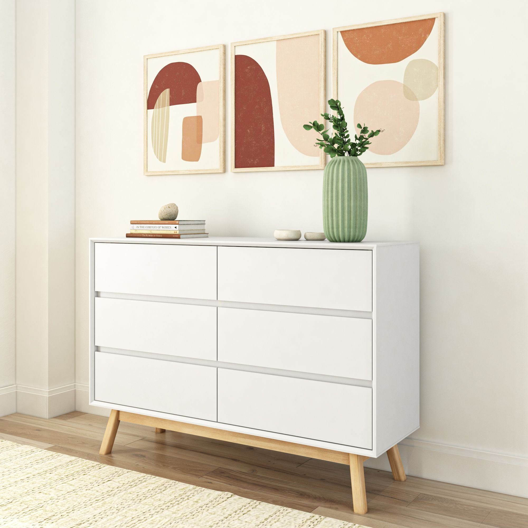 Plank+Beam Solid Wood Mid-Century Modern 6-Drawer Dresser, White/Blonde