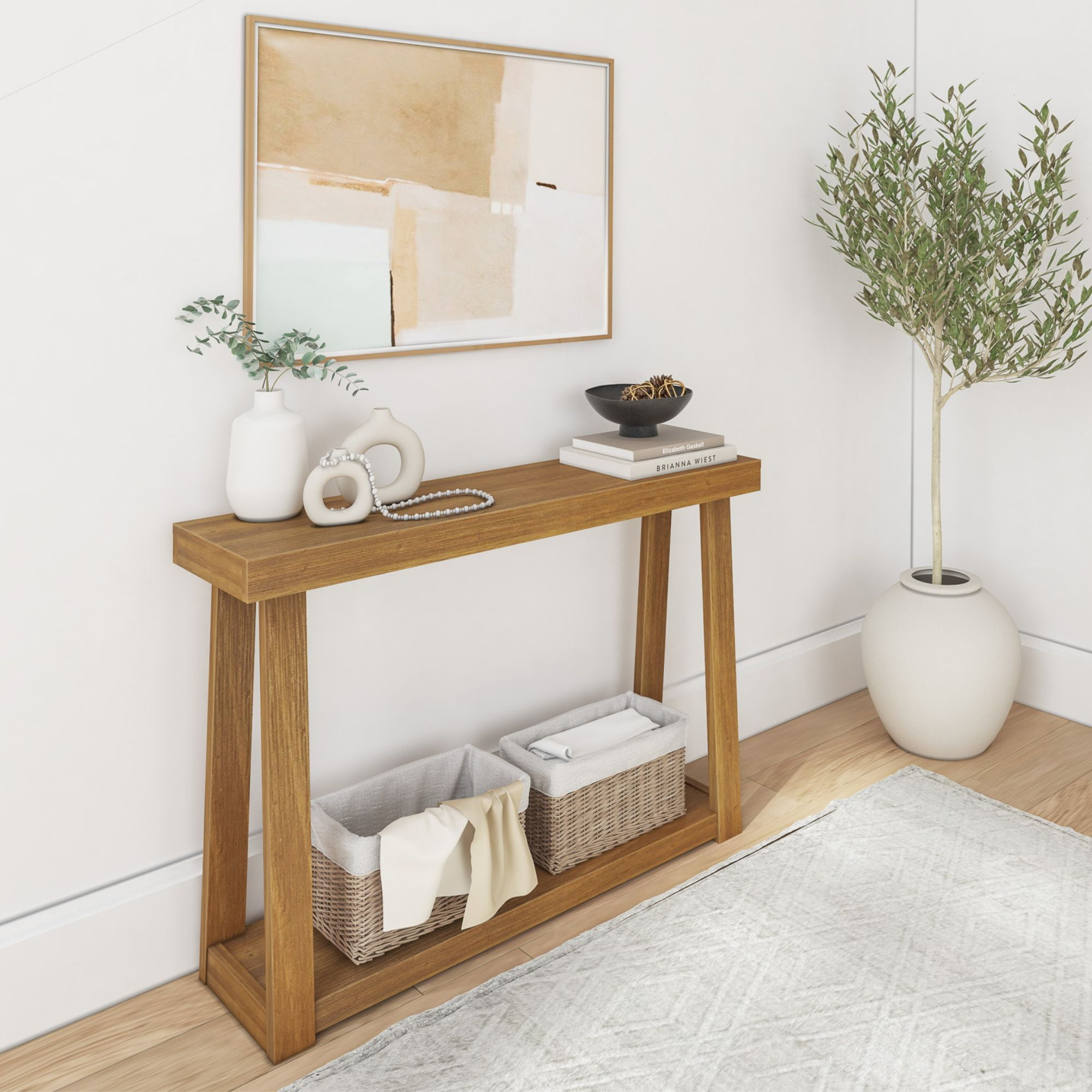 Plank+Beam 46.25” Solid Wood Console Table, Classic Farmhouse Style Sofa Table, Narrow Entryway Table for Hallway, Pecan