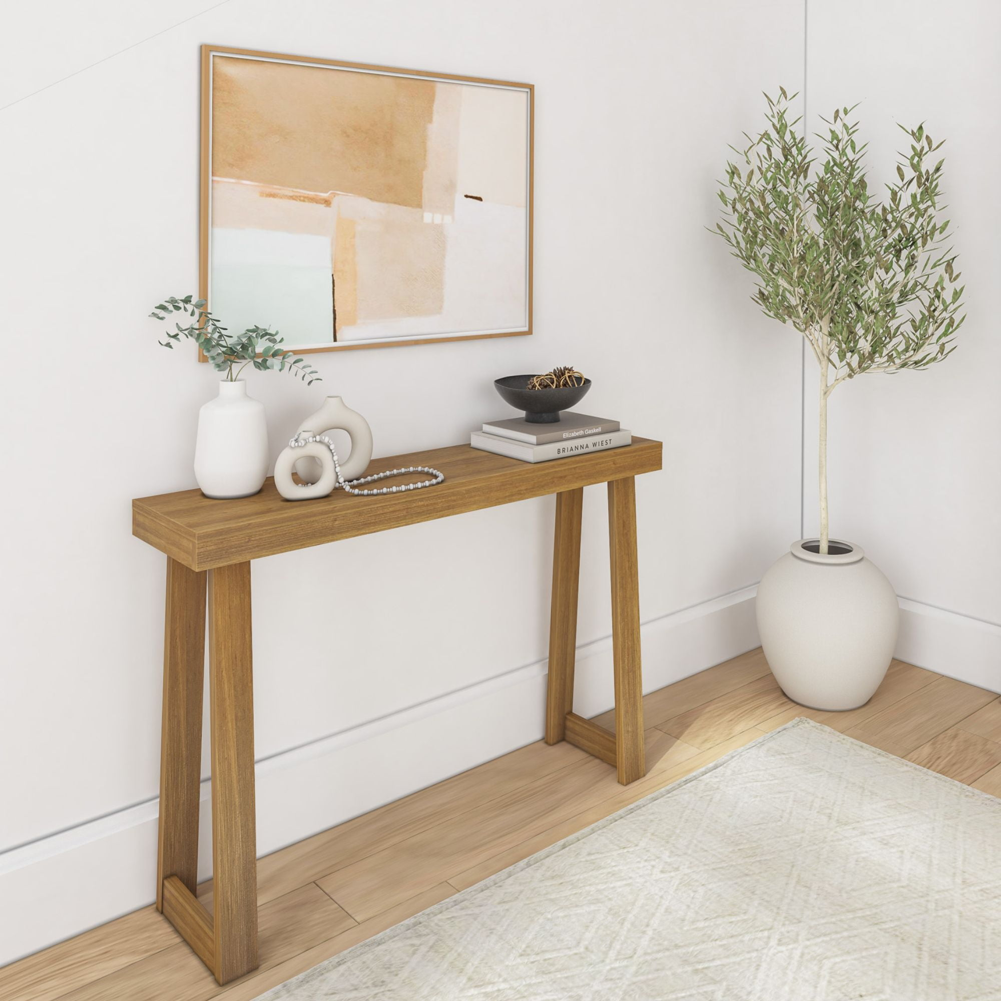 Plank+Beam 46.25” Solid Wood Console Table, Classic Farmhouse Style Sofa Table, Narrow Entryway Table for Hallway, Pecan