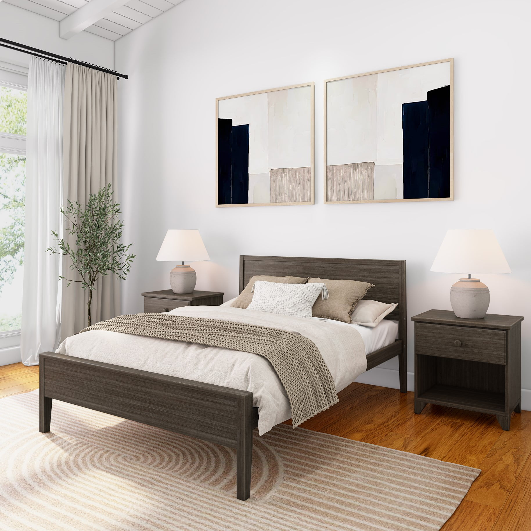 Plank+Beam Solid Wood Full Bed Frame with Panel Headboard, Modern Full Platform Bed with Wood Slat Support, No Box Spring Needed, Clay
