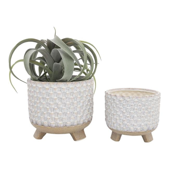 Planter with Textured Design & Footed Base, Off White - Set of 2