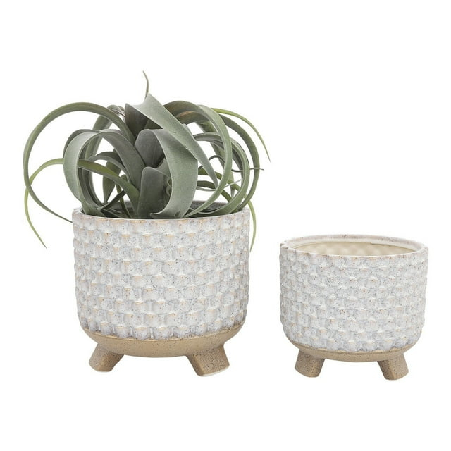 Planter with Textured Design & Footed Base, Off White - Set of 2