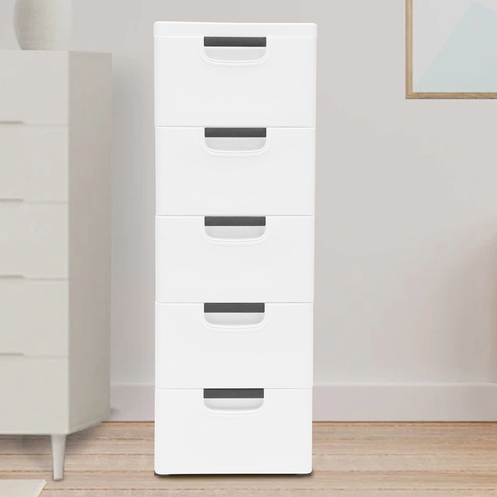 Aiqidi 5 Plastic Drawers Dresser, 5 Layers Vertical Stackable Storage Cabinet Bedroom Tower Closet Organizer w/4 Wheels (White)